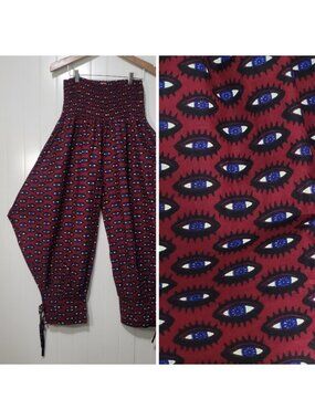 Blue Evil Eye Maroon Smocked High-Waist Boho Festival Barrel Balloon Harem Pants